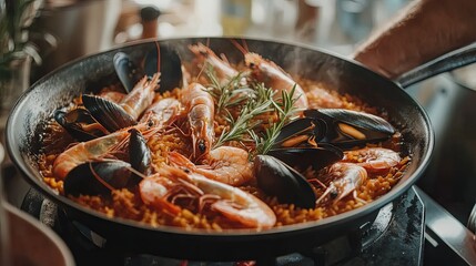Fototapeta premium Seafood Paella: A Culinary Masterpiece with Shrimp and Mussels