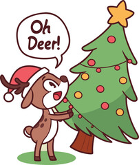 Naklejka premium T Shirt Design, A playful Oh Deer! with reindeer horns, a Santa hat, and a tree backdrop