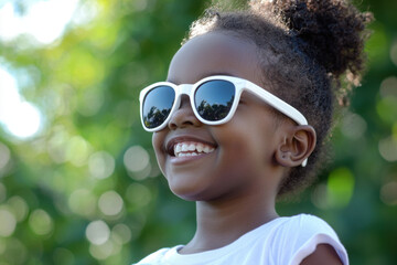 smiling little African American girl with rayban white sunglasses outdoors 