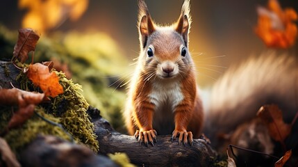 Obraz premium Cute Red Squirrel in Autumn Forest Surrounded by Colorful Leaves and Soft Moss, Perfect for Nature Lovers and Wildlife Enthusiasts Capturing Woodland Serenity