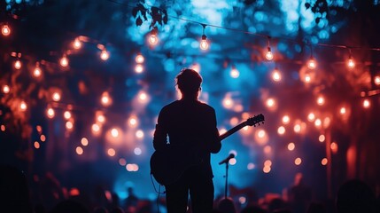 Silhouetted musician playing guitar on stage at night, illuminated by colorful lights.