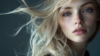 Naklejka premium Blonde young woman with long tousled hair blowing in the wind creating a dynamic and candid look