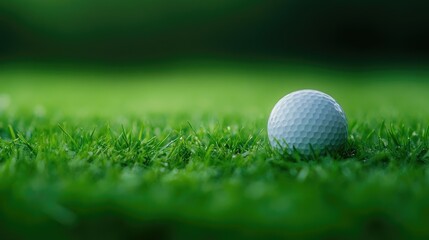 Obraz premium Golf ball resting on green grass Banner