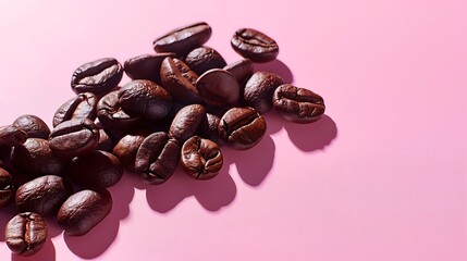 Obraz premium Dark roast coffee beans in the sunlight on pink background