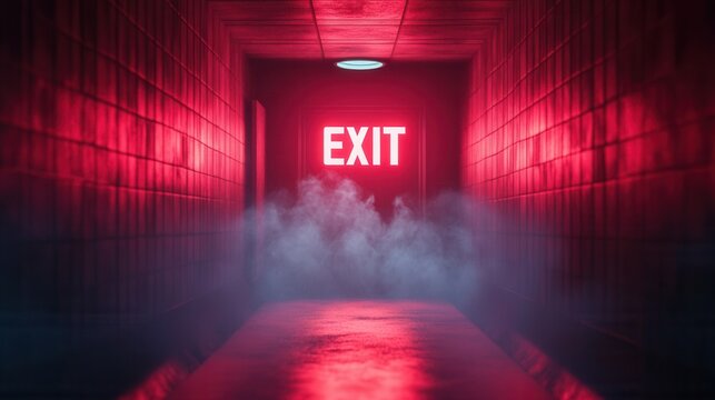 A dimly lit corridor features a glowing red "EXIT" sign, shrouded in smoke, creating a mysterious and eerie atmosphere.