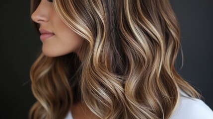 Obraz premium Beautiful Balayage on Long Wavy Hair Featuring a Blend of Brown and Blonde Tones