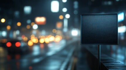 Blank Sign Night City Urban Street Bokeh Lights