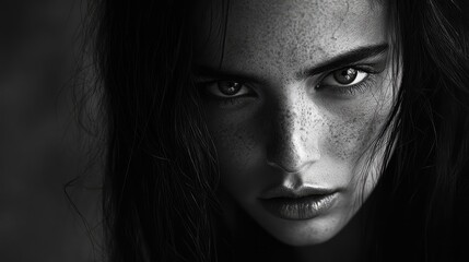 Fototapeta premium Melancholic expression of a striking woman in a monochrome portrait