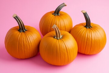 Obraz premium Pumpkins with shadows on a pastel pink background. Harvest, Halloween, Thanksgiving holidays