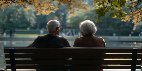 Casal de idosos sentado em um banco no parque, parecendo pensativo