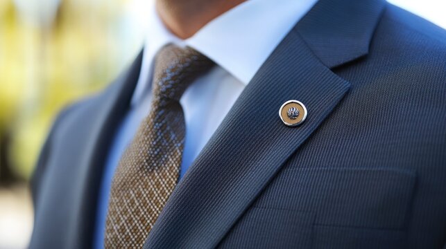 Close up of a businessman s stylish tie knot and distinctive lapel pin