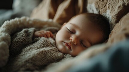 Close up of an adorable sleeping newborn in a cozy bed highlighting the concept of infant care and wellbeing