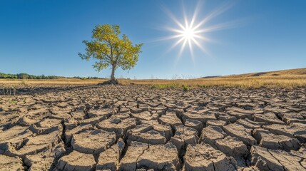 Fototapeta premium A barren, dry landscape with a tree in the middle