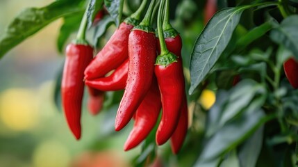 A cluster of vibrant red peppers suspended from a leafy plant