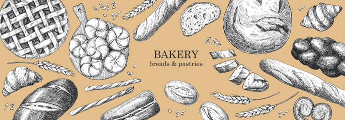 Bakery products. Bakery design template. Hand-drawn illustration of Bred. Ink. Vector