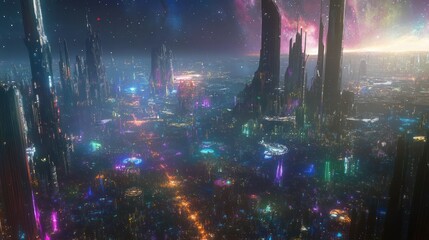 Fototapeta premium A vibrant futuristic cityscape illuminated by neon lights in pink, blue, and orange hues. Towering skyscrapers stretch endlessly under a starlit sky, creating a dazzling cyberpunk atmosphere.