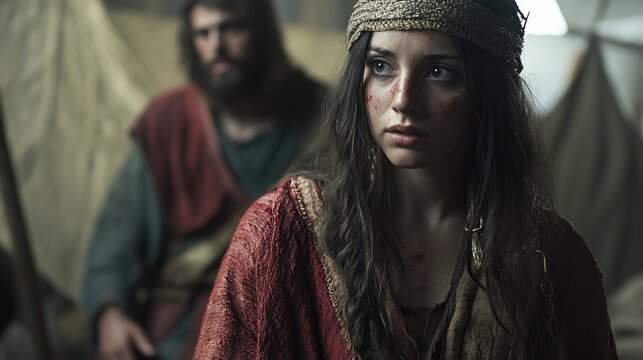 Biblical scene featuring Rahab and the scarlet cord with a soft focused backdrop