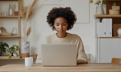 Woman using laptop at a minimalist wooden desk