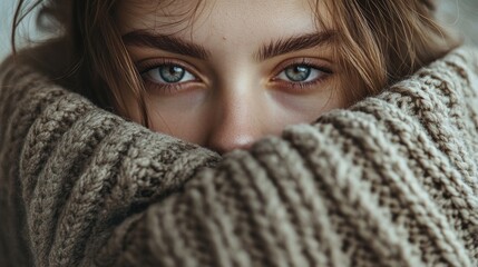 Girl in a large sweater conceals her face without makeup