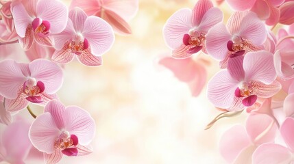 Obraz premium Elegant frame of delicate orchid flowers on a soft pastel background