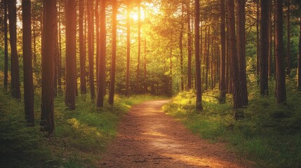 Obraz premium Sunlight streams through pine trees along a peaceful forest trail