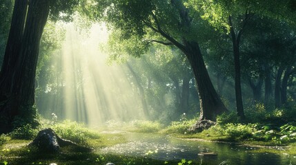 Obraz premium A tranquil forest setting where sunlight streams through vibrant green trees establishing a peaceful and serene ambiance