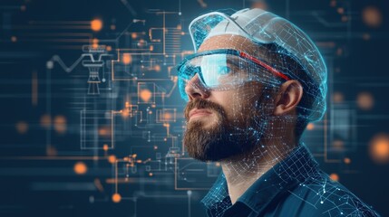 A man wearing smart glasses and a cap appears engaged in a digital environment, surrounded by data visuals and technology.