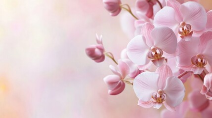 Fototapeta premium Elegant frame of delicate orchid flowers on a soft pastel background