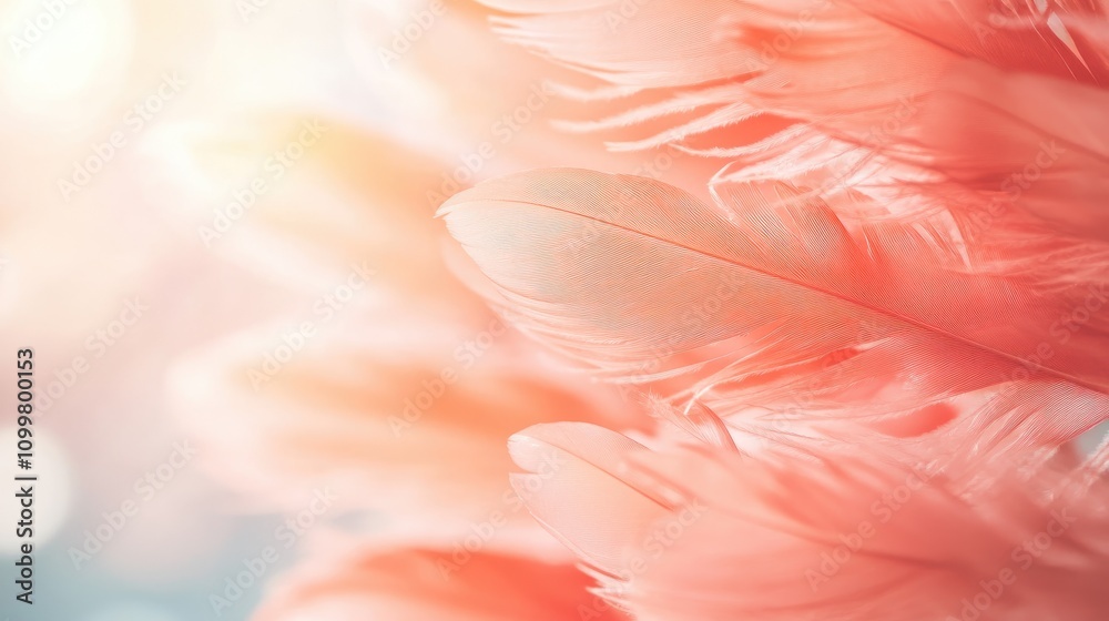 Wall mural soft peach colored feathers with a blurred background featuring selective focus and ample copy space