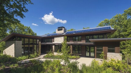 Fototapeta premium Modern house with solar panels, eco-friendly home with solar power, modern architecture with glass and greenery, luxurious building in