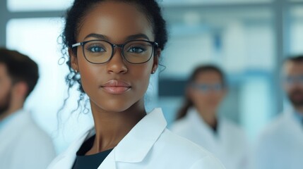 Fototapeta premium Contemporary laboratory featuring a diverse team of medical professionals and a young female scientist in a white coat and glasses with ample copy space