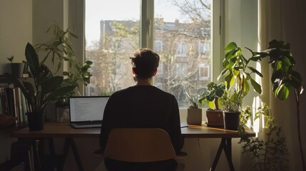 Person working at desk surrounded by plants and natural light