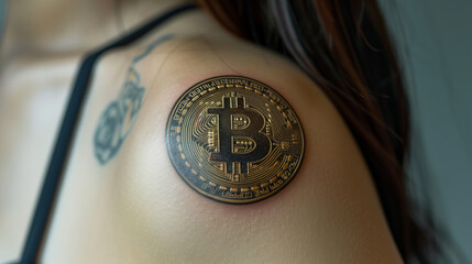 Crypto enthusiast with bitcoin tattoo on her shoulder.