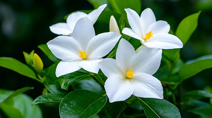 A cluster of delicate white flowers with yellow centers, surrounded by lush green leaves, evoking a sense of tranquility and natural beauty.