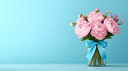 Fototapeta premium A beautiful bouquet of pink peonies in a clear vase, tied with a blue ribbon, set against a soft blue background.