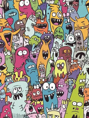 Obraz premium Colorful Cartoon Monsters in Chaotic Crowd