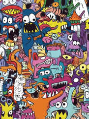 Colorful Cartoon Monsters in Chaotic Crowd