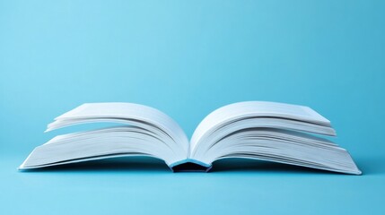 Obraz premium Elegant Open Book Displaying Blank Pages on a Soft Blue Background for Text Insertion or Educational Concept Illustrations