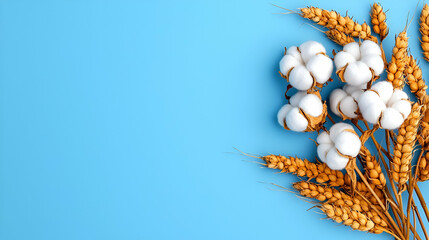 Obraz premium A bundle of cotton and wheat against a light blue background, highlighting natural textures and agricultural elements.