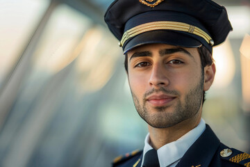 Obraz premium Generative AI portrait of professional airline crew worker steward stewardess pilot in uniform, showcasing service confident expression