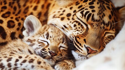 Fototapeta premium Sleeping Leopard Cub and Mother - A Touching Wildlife Portrait