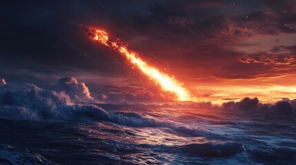 Obraz premium Fiery Meteor Impact Over Ocean Sunset