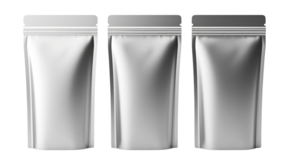 three silver package bag mock up isolated on transparent background cutout