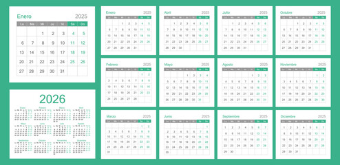 Calendar 2025 template in Spanish for 12 months. The week starts on Monday. Calendar of 12 monthly pages. Calendar for 2026.