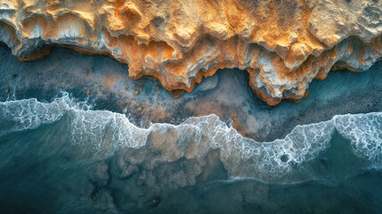 Fototapeta premium Aerial view of dramatic coastal landscape with turquoise ocean waves crashing against rugged orange cliffs, creating stunning natural contrast between land and sea