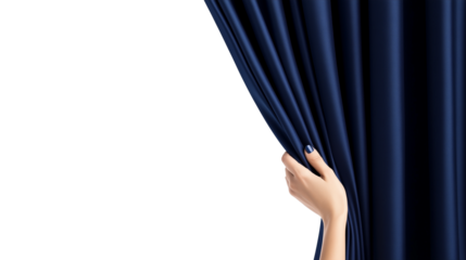 Woman hand opening navy blue stage curtain isolated on transparent background