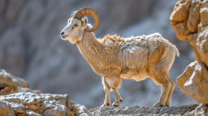Majestic Nubian Ibex Standing on Rocky Mountain Cliff, Wild Mountain Goat with Curved Horns in Natural Habitat, Wildlife Photography in Soft Light