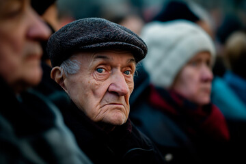 elderly man with worried expression in a crowd