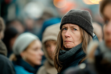 woman with worried expression in a crowd