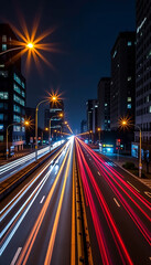 Night city highway light trails red orange dynamic energy speed 
